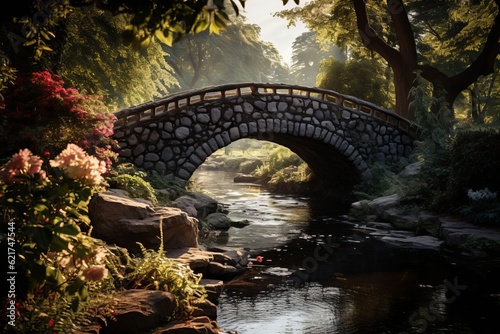 Picturesque Garden With A Stone Bridge, Generative AI 