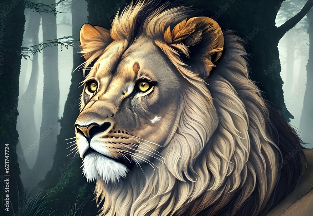 beautiful and realistic lion illustration, detailed face, Generative AI, Generative, AI