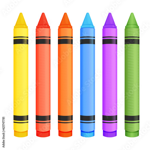 Wax crayons set in cartoon style isolated on white background. Preschool palette, pencils for education.