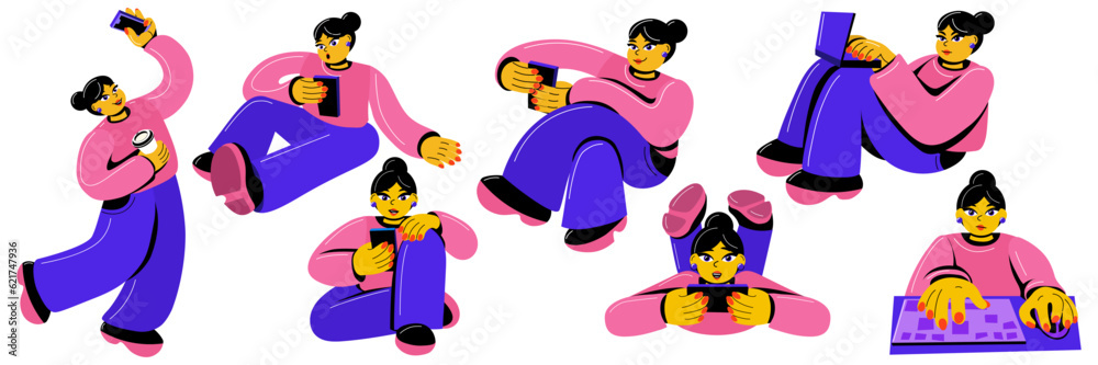 A large set of characters of girls corresponding with someone on the phone, laptop, computer. Online shopping. Emotional girls relax, communicate, work, go shopping with a phone in their hands. Rest