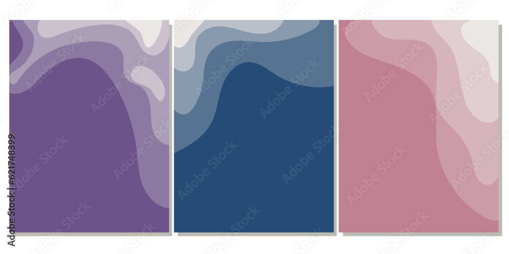 Vector set of templates for posts on social networks with an abstract composition of organic forms of the earth levels in a modern minimalist collage style for your decoration. Purple