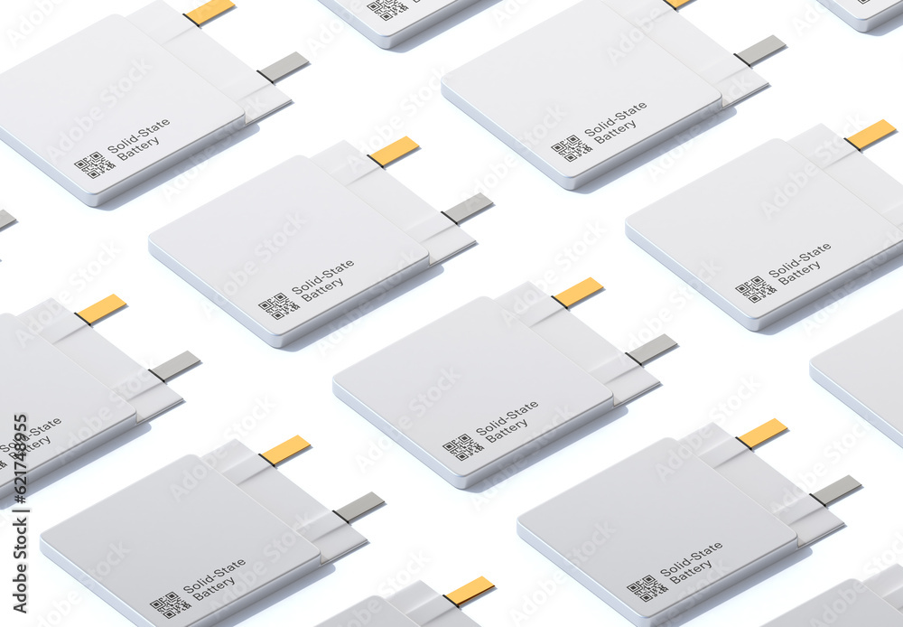Group of SolidState Battery cell units with sample QR code on white