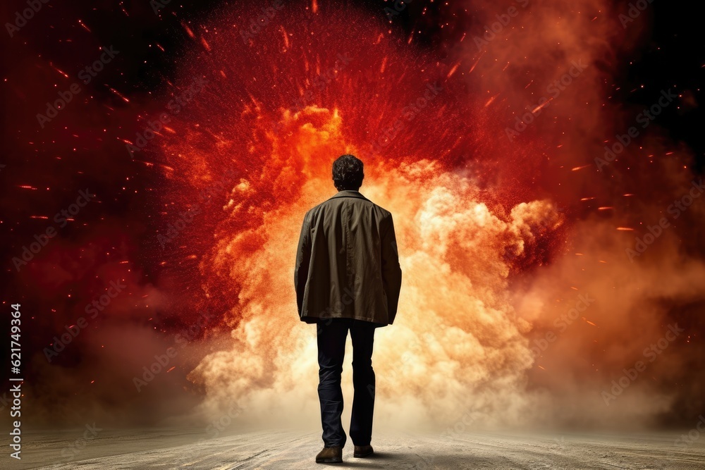 Obraz premium Man and big explosion. Generative AI