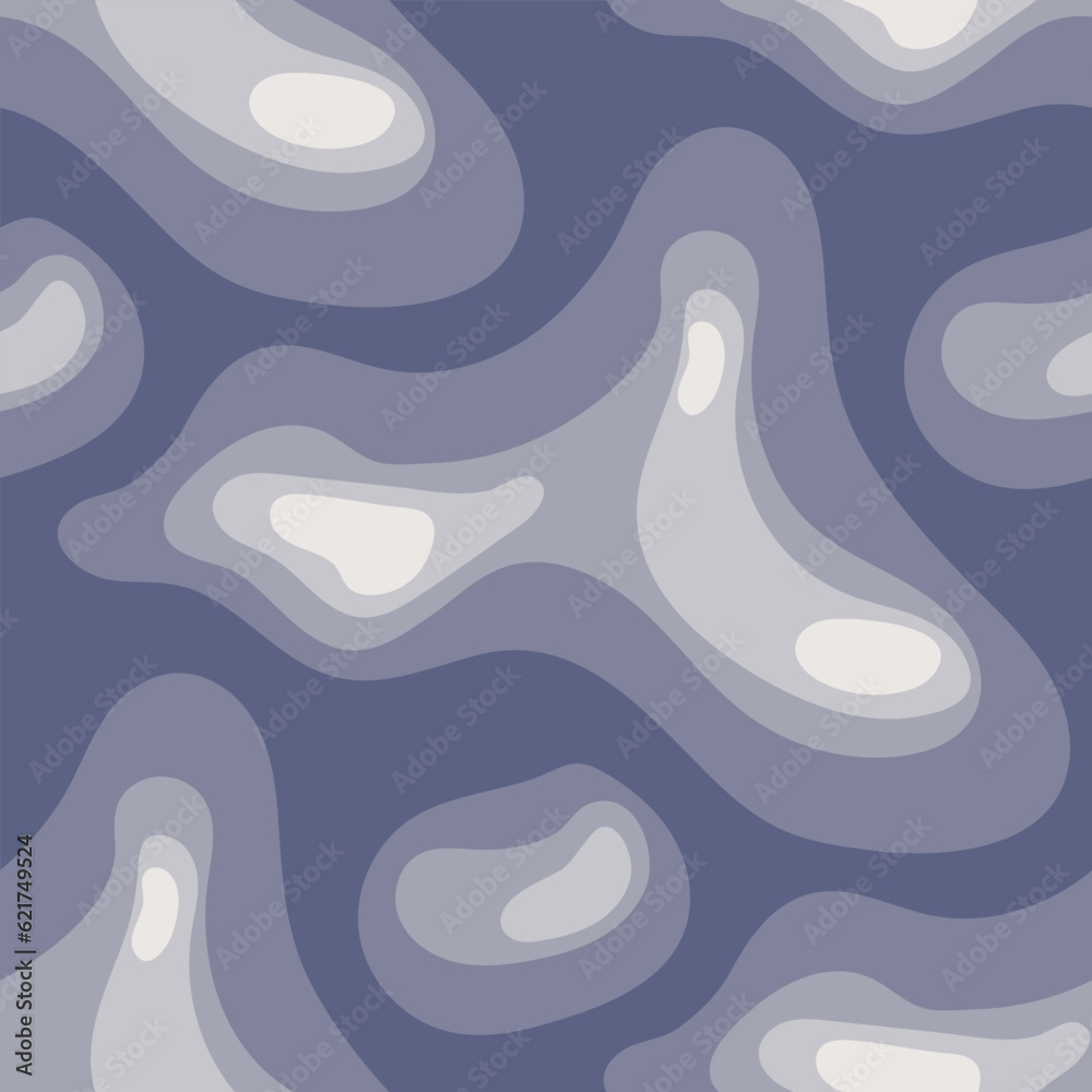 A pattern of abstract wavy shapes, cut in blue, is superimposed on a background with highlighted shapes. Modern topographic graphics. A pattern with smooth curves of underwater depth. Vector