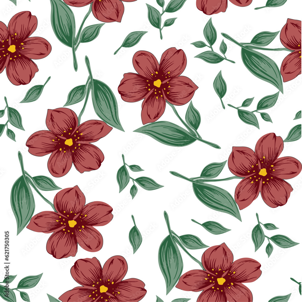 Flowers with leaf seamless pattern
