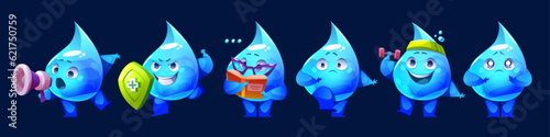 Cartoon set of water drop mascots with different emotions. Vector illustration of cute aqua droplets speaking in megaphone, protecting with shield, reading book, scared, exercising with dumbbell, sad