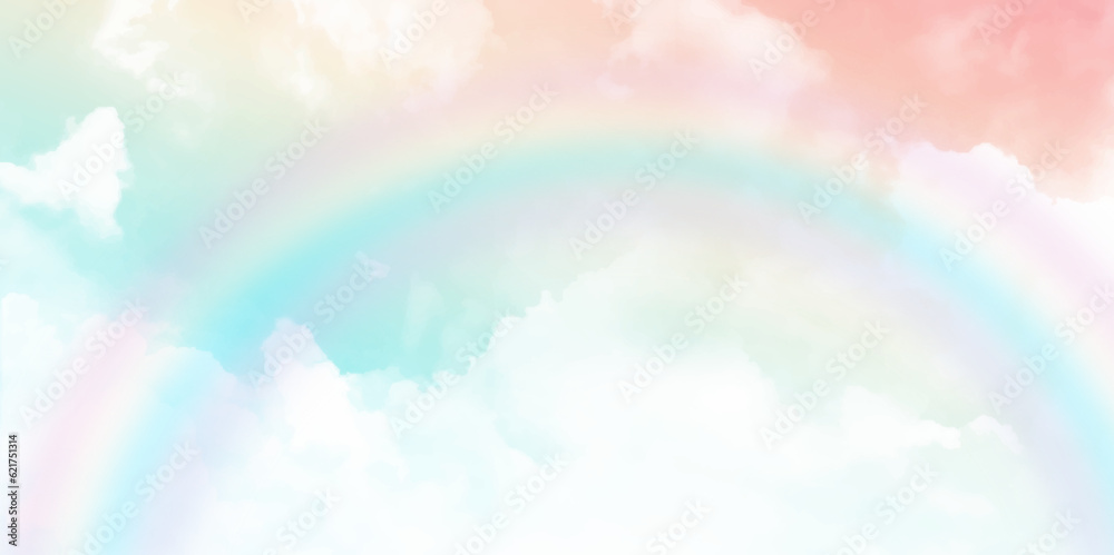 fantasy magical landscape rainbow on sky abstract big volume texture fluffy clouds shine close up view straight, cotton wool, pink purple pastel colors sun fabulous background. 