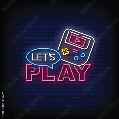 Neon Sign lets play with brick wall background vector