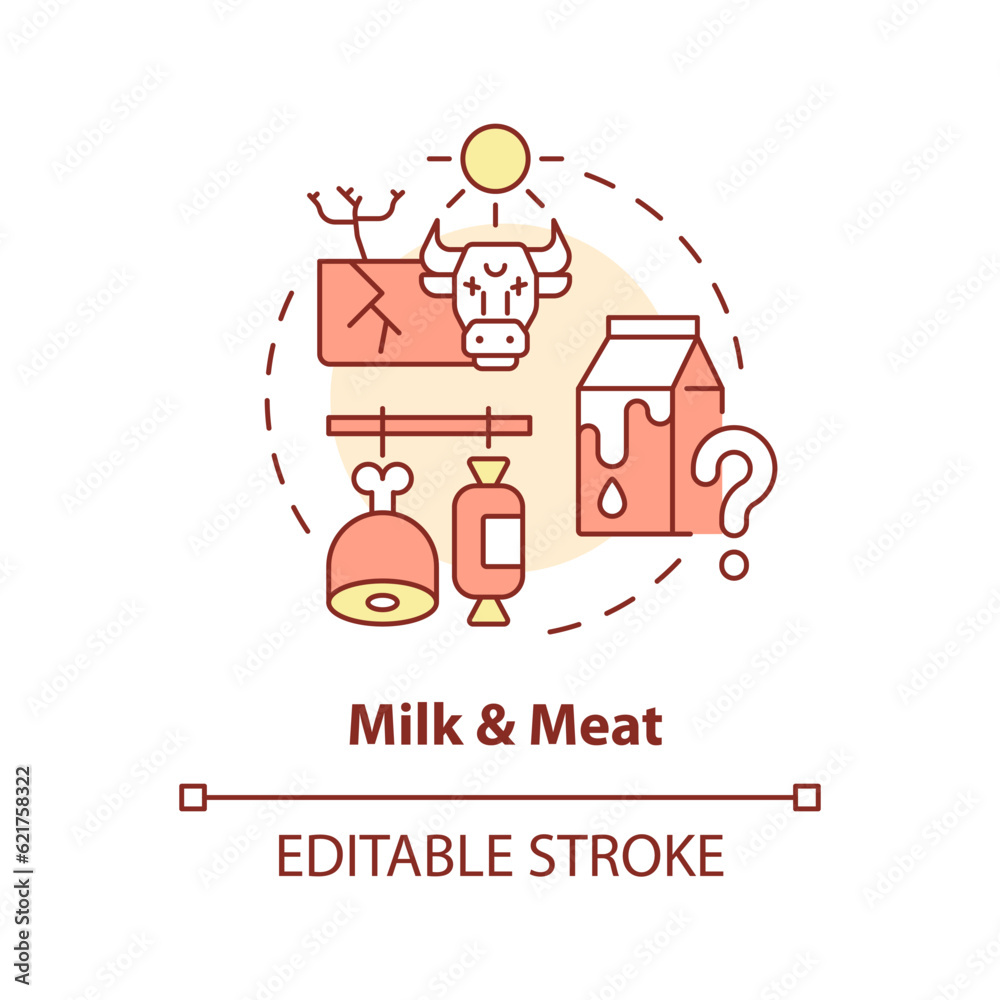Editable milk and meat icon representing heatflation concept, isolated vector, global warming impact thin line illustration.