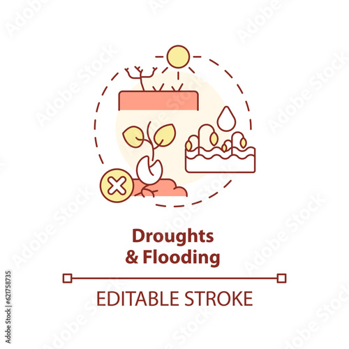 Editable droughts and flooding icon representing heatflation concept, isolated vector, global warming impact thin line illustration.