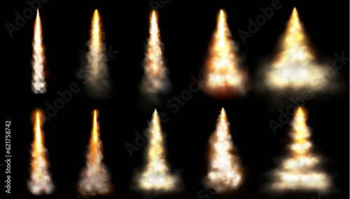 Rocket smoke speed fire trail cloud vector isolated effect. 3d realistic plane or jet launch contrail flame spray. Shuttle or spaceship takeoff explosionin sky. Aircraft condensation track texture