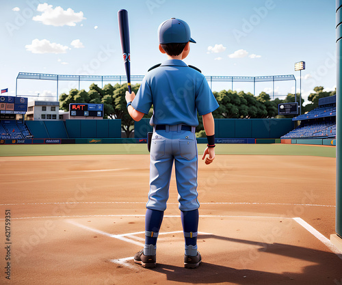 a guy in a baseball uniform and with a bat at the stadium, a concept of youth sports in 3d cartoon style
