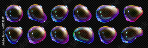 Realistic set of soap bubbles isolated on transparent background. Vector illustration of iridescent water balls with glossy rainbow color surface, laundry foam, symbol of freedom and childhood fun