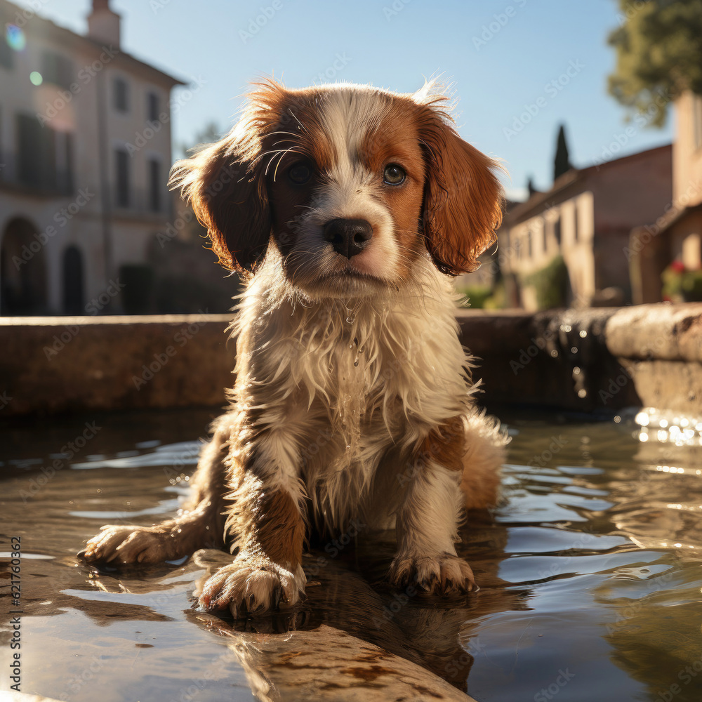 An adventurous puppy (Canis lupus familiaris) curiously exploring a charming garden fountain in Tuscany, with the sunlight glistening on the water.