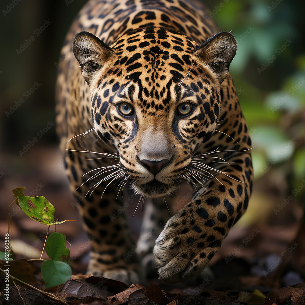 Obraz premium A sleek jaguar (Panthera onca) stealthily moving through the vibrant rainforest. Taken with a professional camera and lens.