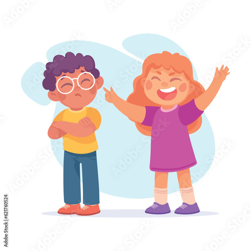 Offensive Girl Bullying and Abusing Unhappy Boy Agemate Teasing Vector Illustration