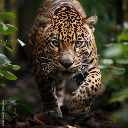 A sleek jaguar (Panthera onca) stealthily moving through the vibrant rainforest. Taken with a professional camera and lens. photo