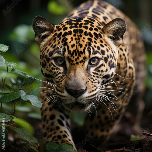 A sleek jaguar (Panthera onca) stealthily moving through the vibrant rainforest. Taken with a professional camera and lens.