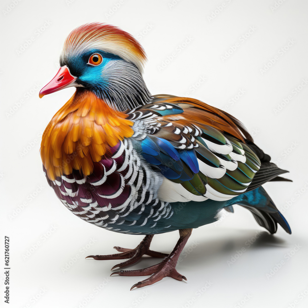 A vibrant Mandarin duck displaying its beautiful plumage.