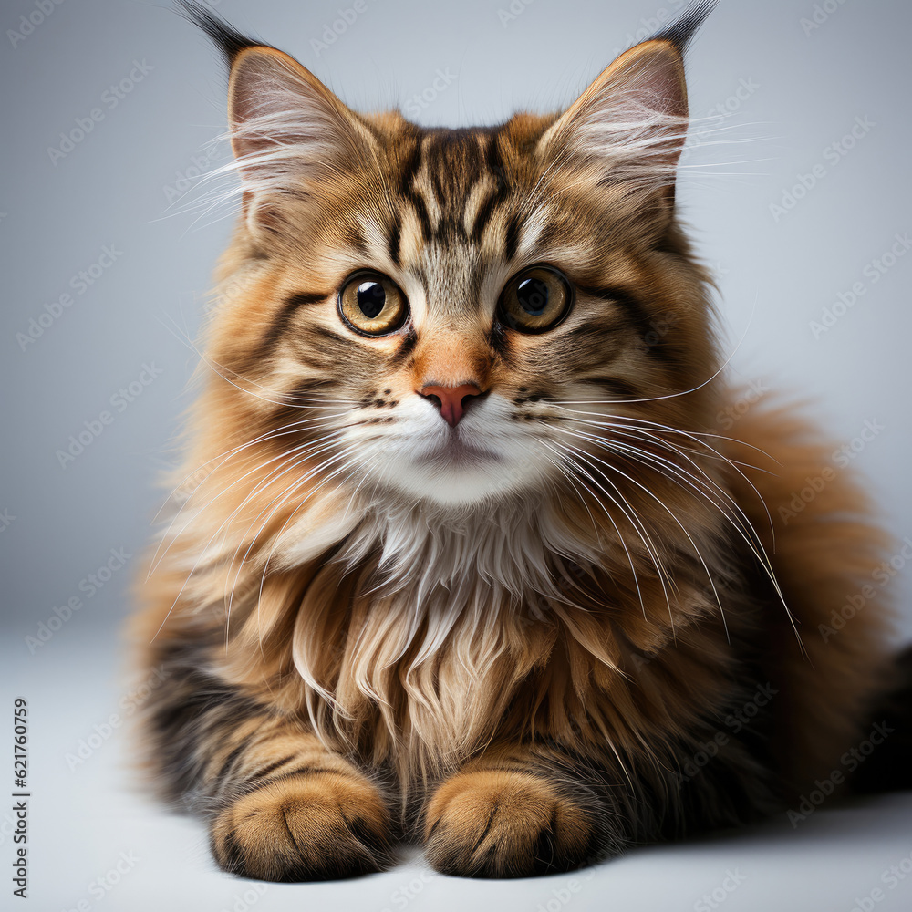 A graceful Siberian Forest Cat kitten (Felis catus) stretched out elegantly.