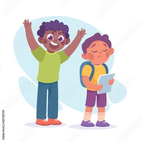 Offensive Boy Bullying and Abusing Unhappy Agemate Teasing Vector Illustration
