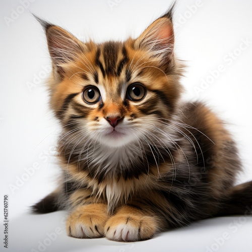 A graceful Siberian Forest Cat kitten (Felis catus) stretched out elegantly.