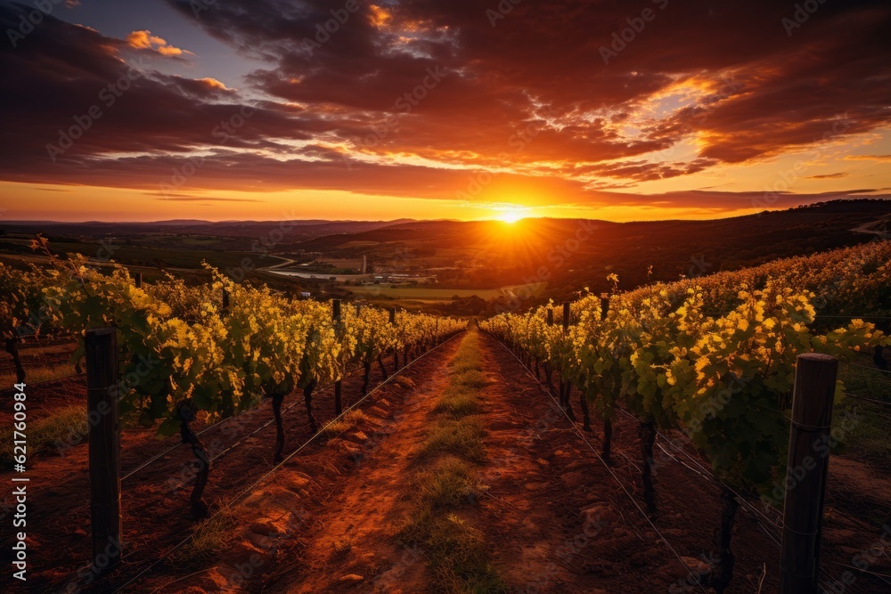 Picturesque Vineyard At Sunset, Generative AI
