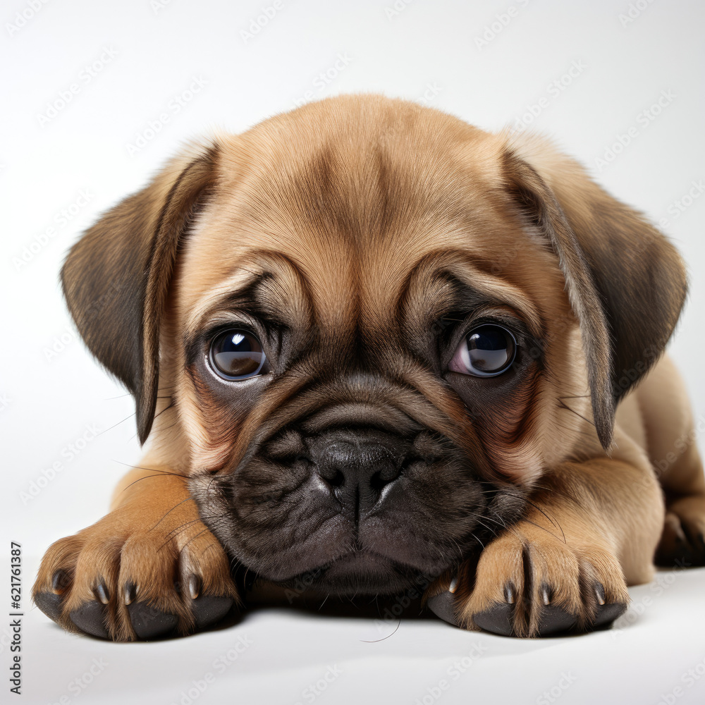 A sleepy Pug puppy (Canis lupus familiaris) lying down in a cozy position.