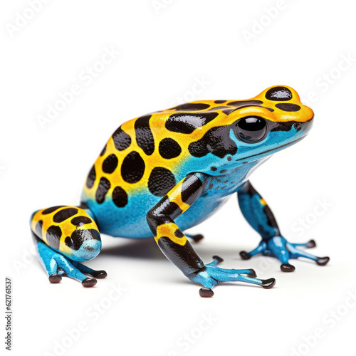 A bright Poison Dart Frog (Dendrobates tinctorius) in alert posture.