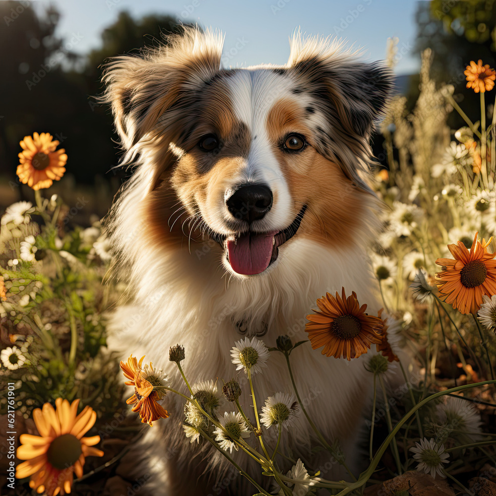 A cheerful puppy (Canis lupus familiaris) surrounded by blooming sunflowers in a picturesque garden in Tuscany.