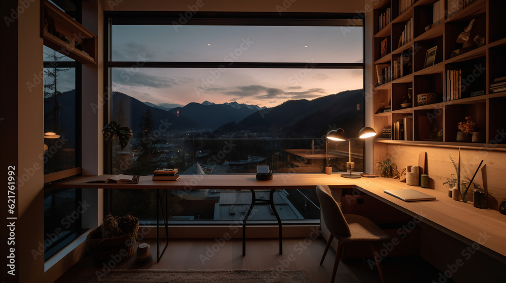 a study in an apartment, a house with armchairs, a cozy view 