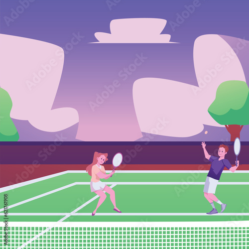 Tennis grass court with playing people at landscape, flat vector illustration.