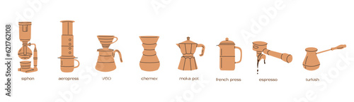 Manual alternative coffee brewing methods and tools hand drawn doodle style icons. Pour over, drip, syphon, moka, v60, aeropress coffee. Vector retro minimalist doodle set isolated illustration.
