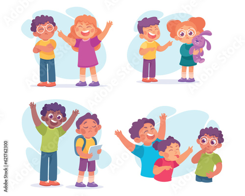 Angry Kids Bullying and Abusing the Weak Agemate Teasing and Laughing at Them Vector Set photo