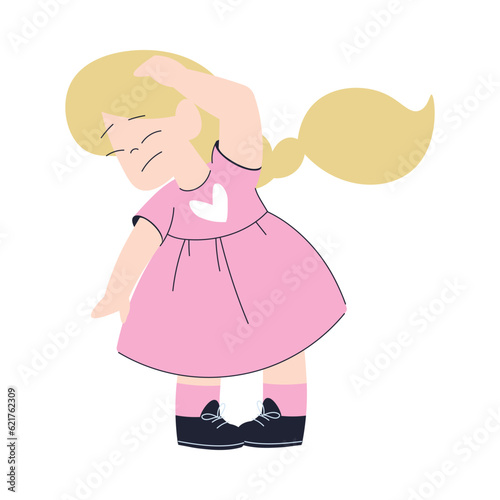 Little Girl in Pink Dress Standing and Think Scratching Head Vector Illustration
