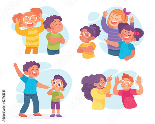 Angry Kids Bullying and Abusing the Weak Agemate Teasing and Laughing at Them Vector Set