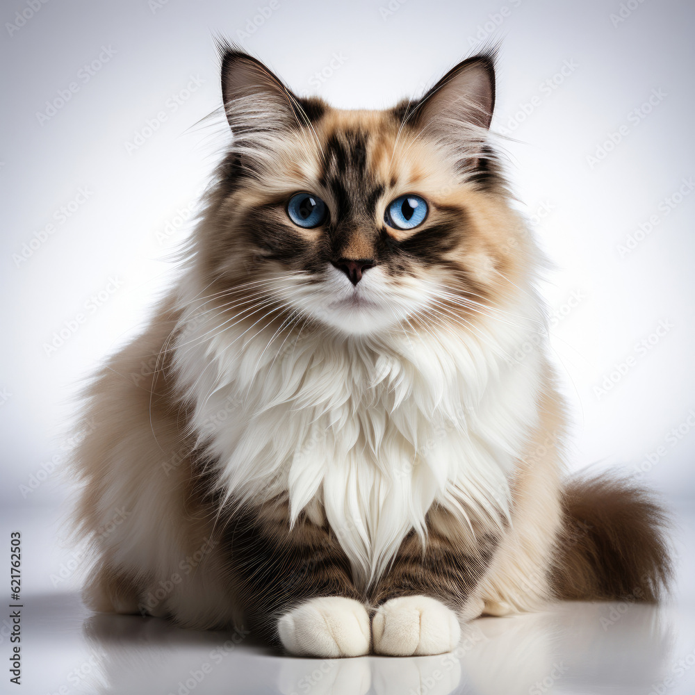 A Bicolor Ragdoll cat (Felis catus) featuring dichromatic eyes.