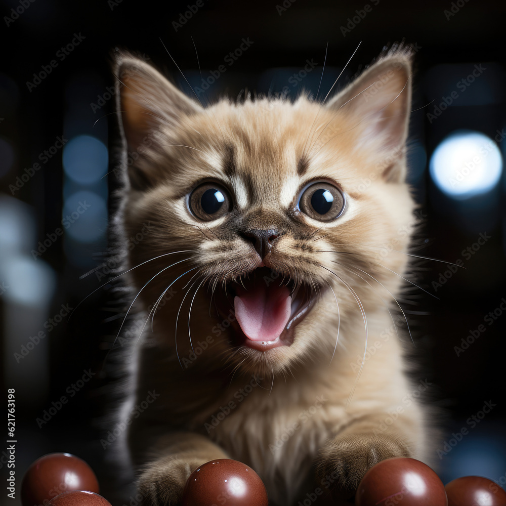 A playful Burmese kitten (Felis catus) pouncing on a toy.