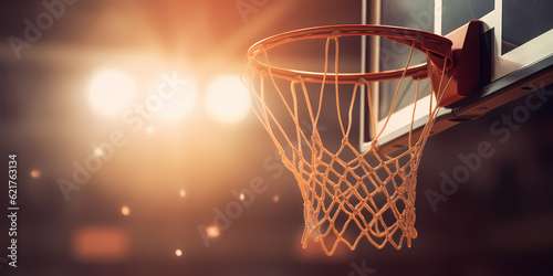 Banner sports tournament Basketball, ball on dark background with red sun light and sparks, copy space. Generation AI