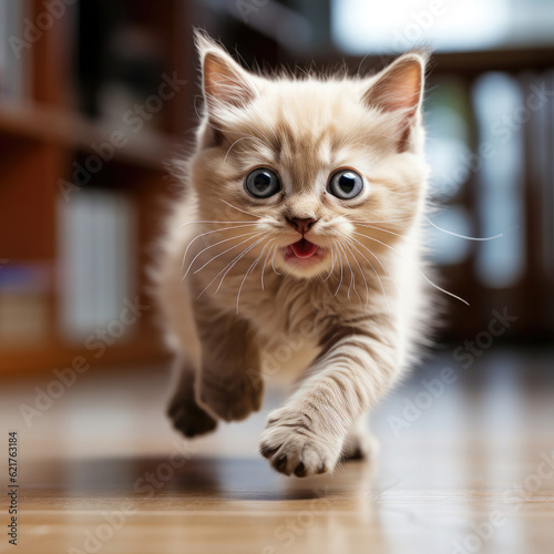 A playful Burmese kitten (Felis catus) pouncing on a toy.