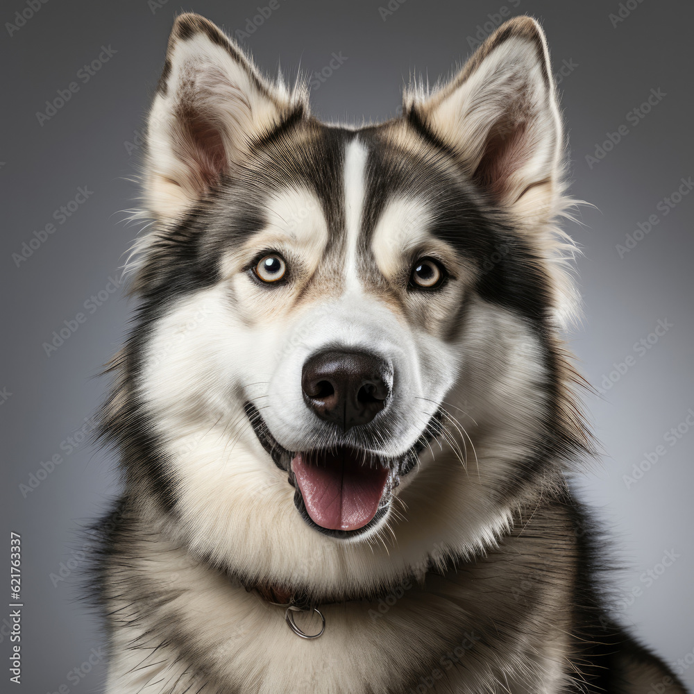 An Alaskan Malamute (Canis lupus familiaris) with dichromatic eyes.