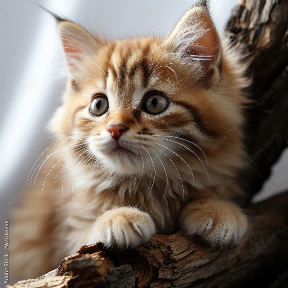 An adventurous Siberian Forest Cat kitten (Felis catus) climbing a cat tree.