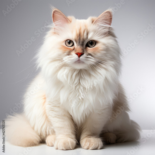 A fluffy Himalayan cat (Felis catus) with dichromatic eyes.