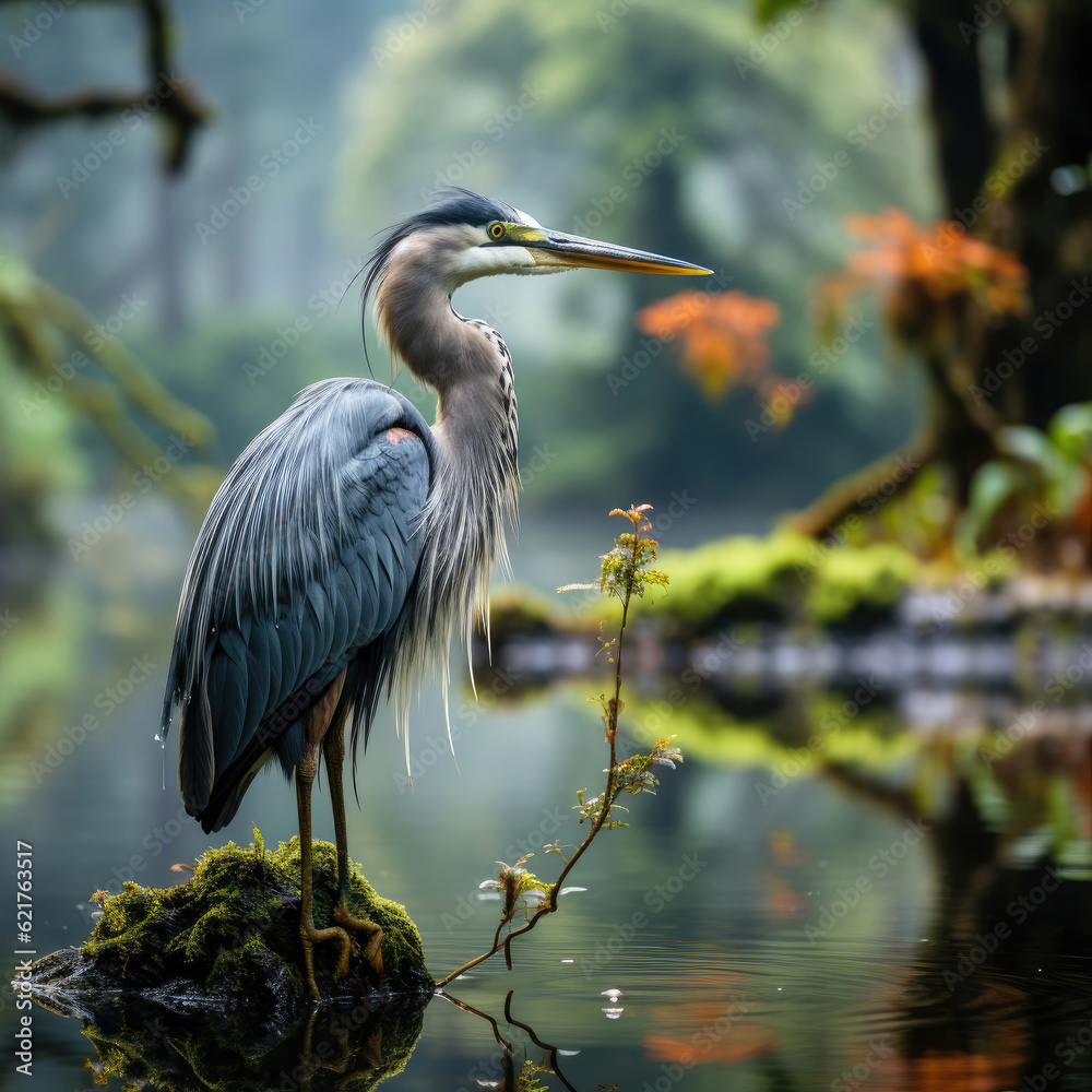 Obraz premium A graceful heron (Ardeidae) standing by a serene river in the heart of the rainforest.