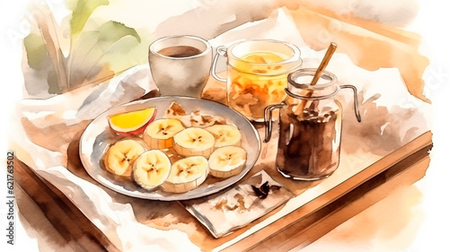 A breakfast with coffee, banana and jam on wooden table. Watercolor illustration.