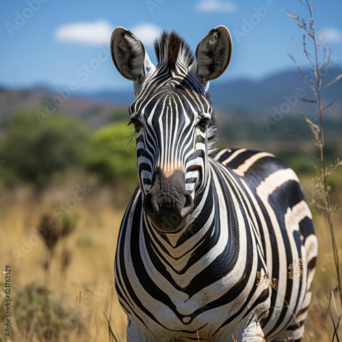 A grazing zebra  Equus quagga  peacefully feeding on the grassland. Taken with a professional camera and lens.