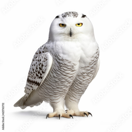 A glistening Snowy Owl (Bubo scandiacus) in a poised stance. © blueringmedia