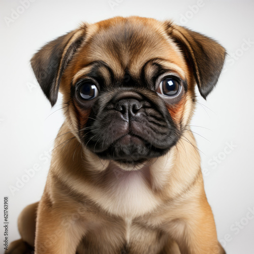 A Pug puppy (Canis lupus familiaris) sitting pretty with an adorable expression. © blueringmedia