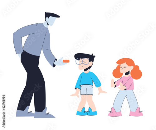 Suspicious Man Stranger Offering Candy to Little Boy and Girl Vector Illustration