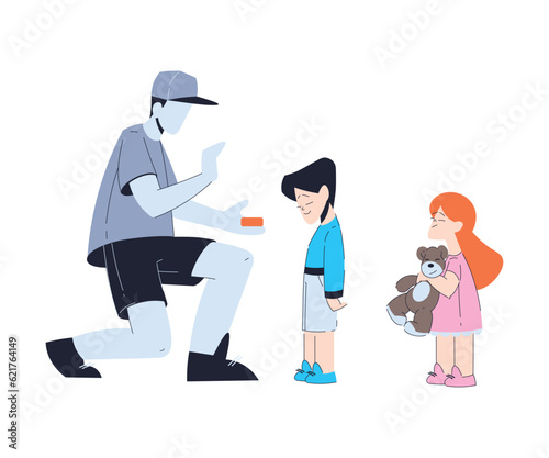 Suspicious Man Stranger Offering Candy to Little Boy and Girl Vector Illustration